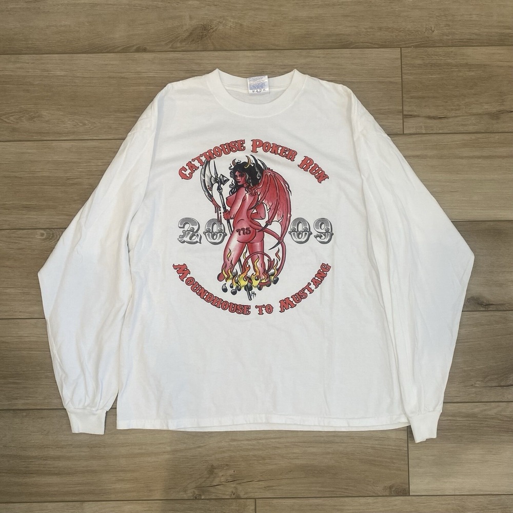 2009 Biker Poker Run Long Sleeve White Shirt Men's Size XL Grunge Gothic Y2K VTG